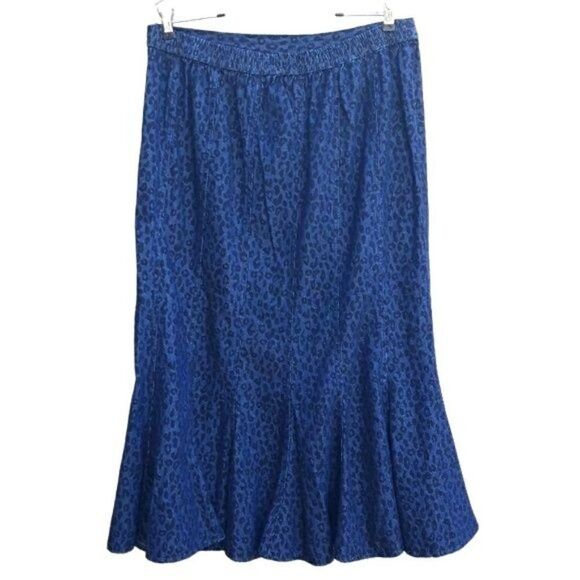 Vtg 80's Studio West Skirt Womens L Cotton Jean Flounce Ruffle Midi Leopard Blue - Picture 4 of 8